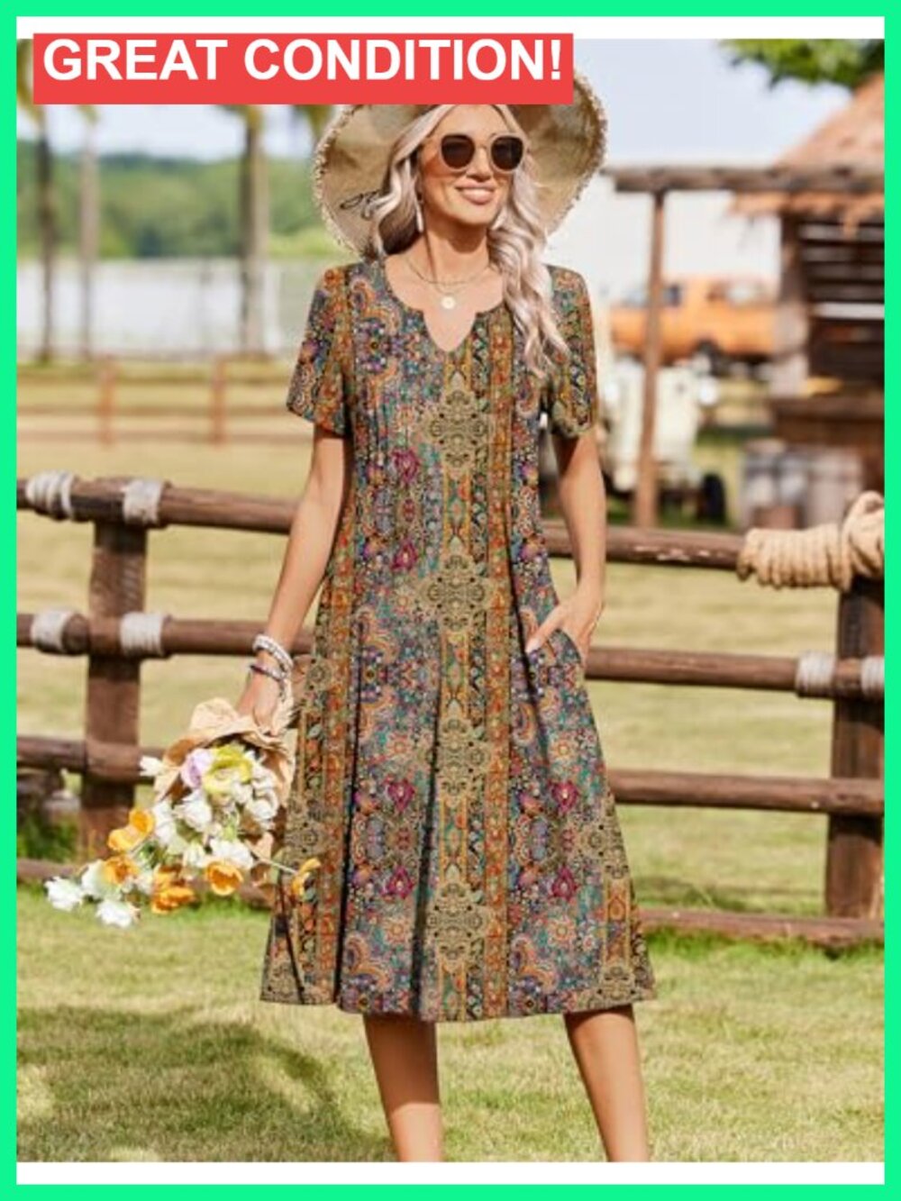 Casual Short Sleeve Pleated Midi Dress with Pockets Flowy Beach Sundress - Picture 2 of 6